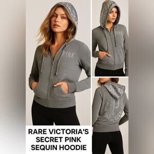 RARE Victoria’s Secret PINK Sequin Hoodie | Gray | Size XS | Vintage Bling Logo